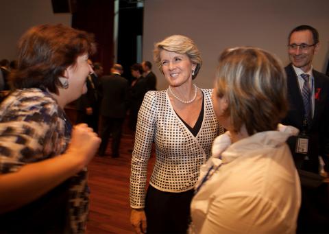 Foreign Minister Julie Bishop meets with embassy staff in Jakarta. 5 December 2013.