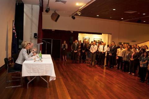 Foreign Minister Julie Bishop meets with embassy staff in Jakarta. 5 December 2013.