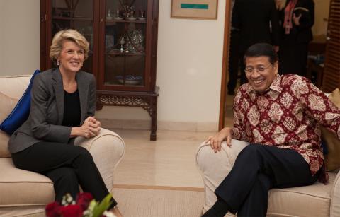 Foreign Minister Julie Bishop meets with Dr Hassan Wirajuda at the Ambassador's residence. 5 December 2013.