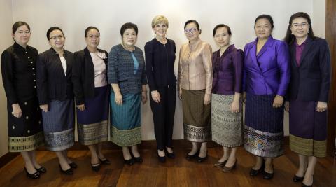 Foreign Minister Julie Bishop meets Lao women leaders in Vientiane, Laos. (L-R) Mme Vathana Dalaloy, Vice Governor of the Bank of Lao, Mme Thipphakone Chanthavongsa, Vice Minister for Finance, Mme Bounkham Vorachit, Vice Minister for Natural Resources and
