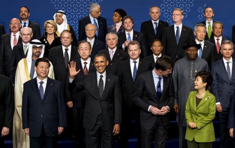 Close up section of official leaders’ photograph, Nuclear Security Summit, The Hague, 25 March 2014.