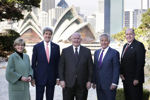 Minister for Foreign Affairs, Julie Bishop, United States Secretary of State, John Kerry, Governor General of Australia, Sir Peter Cosgrove, United States Secretary of Defense, Chuck Hagel and Minister for Defence, David Johnston ahead of the signing of t