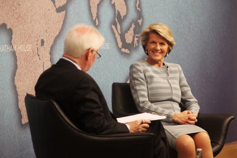 Minister Julie Bishop with Lord Michael Williams during The Evolution of Australian Foreign Policy event at Chatham House, London on 12 March 2014.
