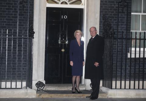 Foreign Minister Julie Bishop and Defence Minister David Johnston arriving at No 10 Downing Street, London to attend a reception on 11 March 2014, during AUKMIN.