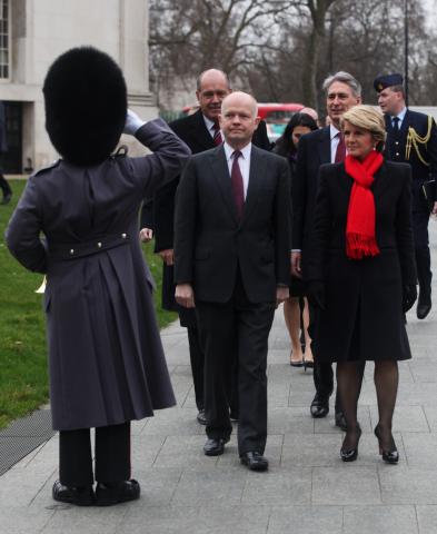 Wreath laying ceremony at the Australian War Memorial, Hyde Park Corner, London, on 11 March 2014, during AUKMIN. Front, L to R: UK Foreign Secretary William Hague, Foreign Minister Julie Bishop. Behind L to R: Defence Minister David Johnston, UK Defence 