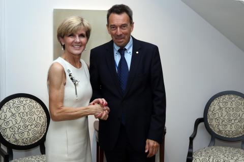 Australian Foreign Minister Julie Bishop meets with Peter Maurer, President of the International Committee of the Red Cross in New York, Sunday September 27, 2015. photo by Trevor Collens/DFAT