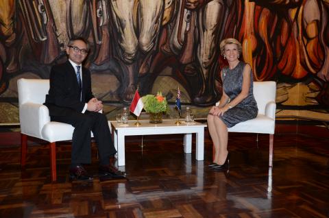 The Minister for Foreign Affairs of Australia, The Hon Julie Bishop MP, and the Minister for Foreign Affairs of Indonesia, Marty Natalegawa, during a bilateral meeting in the margins of the MIKTA Foreign Ministers Retreat in Mexico City. 14 April 2014.