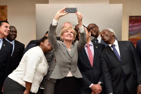 Foreign Minister Julie Bishop takes a selfie with Non-resident Accredited Ambassadors at Ambassador Miller’s residence.