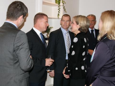 Minister for Foreign Affairs, the Hon. Julie Bishop MP, meets Shayne Bannan, General Manager, Orica GreenEdge at a Business reception at the Australian Ambassador’s Residence in Rome, 2 February 2016. Also pictured: Steven Tingay, Director, Italian Radioa
