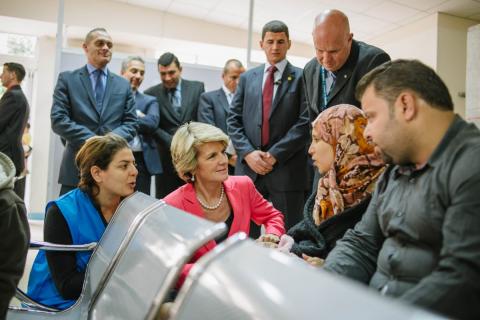 Foreign Minister Bishop Speaking with Syrian Refugee - UNHCR Registration Centre.