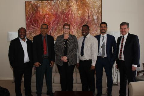 (L-R) Hon Sir Peter Ipatas, Governor of Enga, Hon Ian Ling-Stuckey, Member for Kavieng, Senator the Hon Marise Payne Minister for Foreign Affairs, Hon Mehrra Kipefa, Minister for Labour and Industrial Relations, Hon Bryan Kramer, Member for Madang and Aus