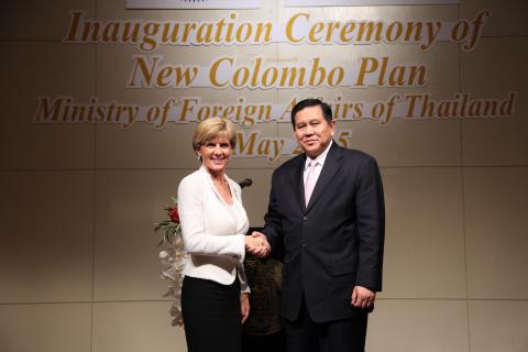 Foreign Minister Julie Bishop with Deputy Prime Minister and Foreign Minister General Tanasak Patimapragorn at the launch of the New Colombo Plan in Thailand. 8 May 2015.