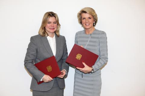 Minister Julie Bishop with UK International Development Secretary, Justine Greening, in London on 12 March, during AUKMIN.