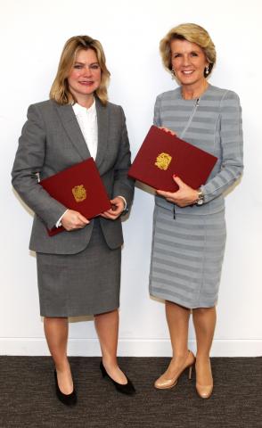 Minister Julie Bishop with UK International Development Secretary, Justine Greening, in London on 12 March, during AUKMIN.