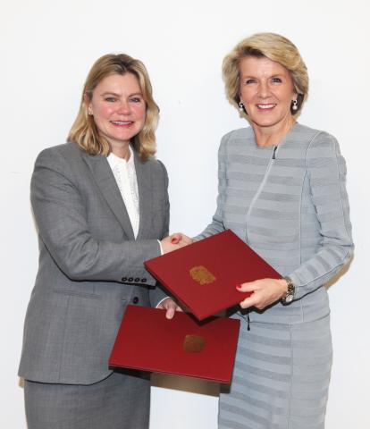 Minister Julie Bishop with UK International Development Secretary, Justine Greening, in London on 12 March, during AUKMIN.