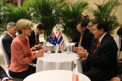 Minister Bishop meets Tanasak Patimpragorn, Deputy Prime Minister and Minister for Foreign Affairs, Thailand at China Convention Centre - Beijing, 8 November 2014 