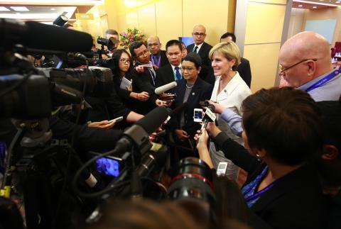 The Hon Julie Bishop MP holding a joint media doorstop with HE Retno Lestari Priansari Marsudi, Indonesian Minister for Foreign Affairs, in Kuala Lumpur, 5 August 2015.