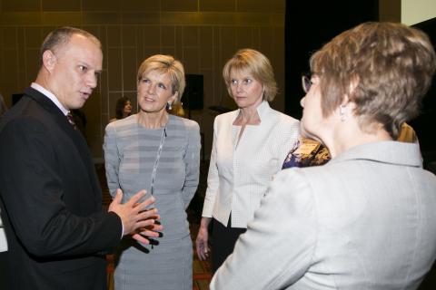 Foreign Minister Julie Bishop with Seychelles Foreign Minister, Jean-Paul Adam, (left), WA Chamber of Commerce and Industry CEP, Deidre Willmott and other delegates at the IORA 2014 Women’s Economic Empowerment Breakfast.