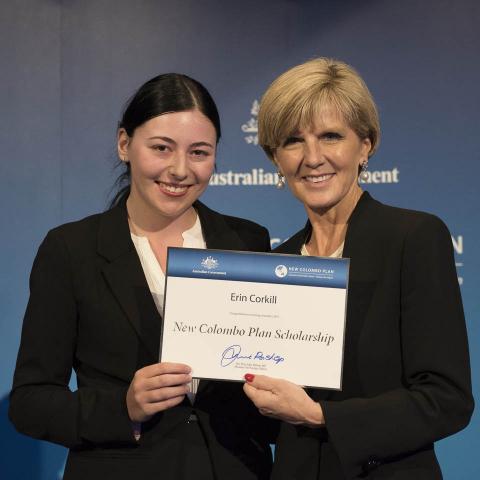 Minister Bishop presenting Erin Corkill ANU studying in Vanuatu