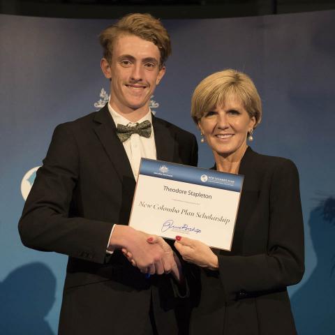 Minister Bishop presenting Theodore Stapleton from UWA to study in China