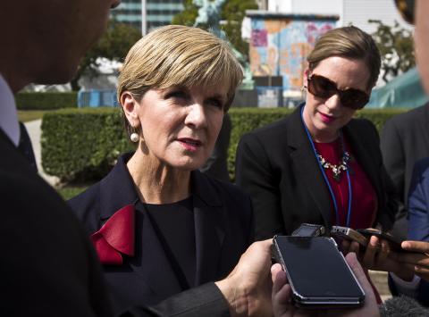 Australian Foreign Minister Julie Bishop speaks to the media in the Rose Garden at UN Headquarters in New York, Friday Sept. 25, 2015. photo by Trevor Collens/DFAT