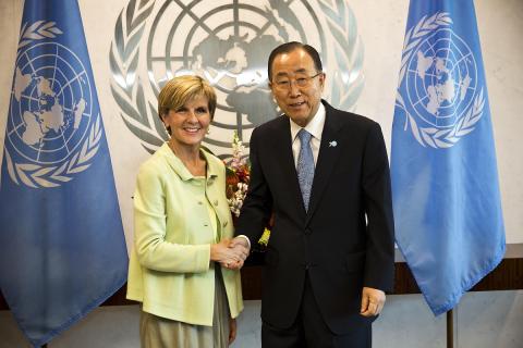 Foreign Minister Julie Bishop meets with UN Secretary General Ban Ki-moon at UN Headquarters in New York, Thursday 24 Sept, 2015. photo by Trevor Collens