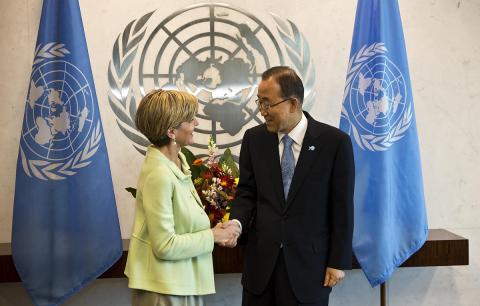 Foreign Minister Julie Bishop meets with UN Secretary General Ban Ki-moon at UN Headquarters in New York, Thursday 24 Sept, 2015. photo by Trevor Collens