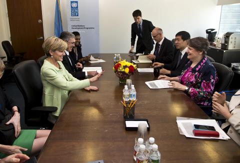 Foreign Minister Julie Bishop meets with UNDP Adminstrator Helen Clark  in New York, Thursday 24 Sept, 2015. photo by Trevor Collens