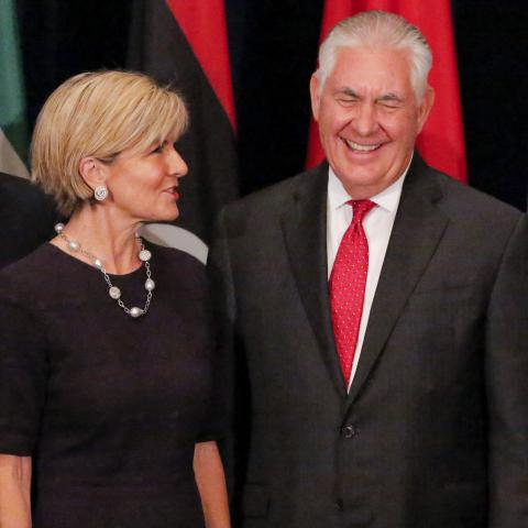 Foreign Minister Julie Bishop talks with United States Secretary of State, Rex Tillerson, at a meeting of foreign ministers of the Global Coalition to Defeat ISIS, on the margins of the United Nations General Assembly in New York on 22 September 2017.