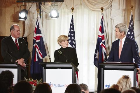 Minister for Foreign Affairs, Julie Bishop speaks to the media with Minister for Defence, David Johnston and United States Secretary of State, John Kerry at the Australia-United States Ministerial Consultations (AUSMIN) 2014 at Admiralty House in Sydney.