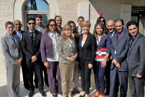 Foreign Minister Julie Bishop, Australian Representative to the Palestinian Authority Marcia Pius, and Palestinian alumni of the Australia Awards scholarship program at the Australian Representative Office in Ramallah. [Photo: Jamal Arouri]
