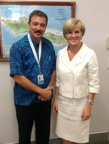 Foreign Minister Julie Bishop discusses common approaches to sustainable economic development with Antigua Foreign Minister Charles Fernandez at SIDS 2014 Conference. 1 September 2014.