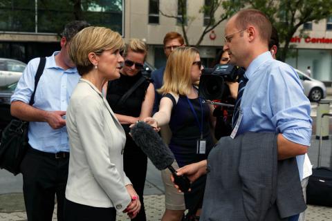 Visit to New York by Minister for Foreign Affairs Julie Bishop, 29 July 2015. Minister Julie Bishop speaks to media outside UN Headquarters. photo by Trevor Collens