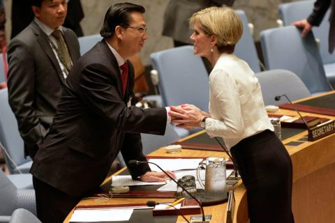 Visit to New York by Minister for Foreign Affairs Julie Bishop, 29 July 2015. Minister Julie Bishop in the UN Security Council where she delivered a statement regarding Malaysia Airline flight MH17 downed over Ukraine. photo by Trevor Collens