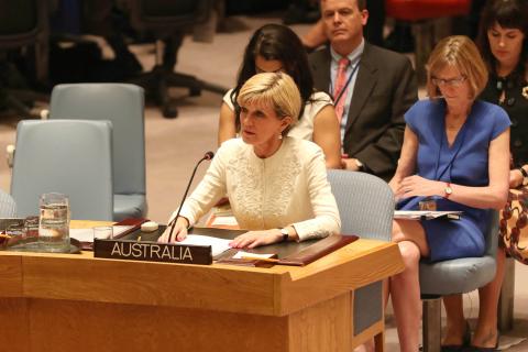 Visit to New York by Minister for Foreign Affairs Julie Bishop, 29 July 2015. Minister Julie Bishop in the UN Security Council where she delivered a statement regarding Malaysia Airline flight MH17 downed over Ukraine. photo by Trevor Collens.