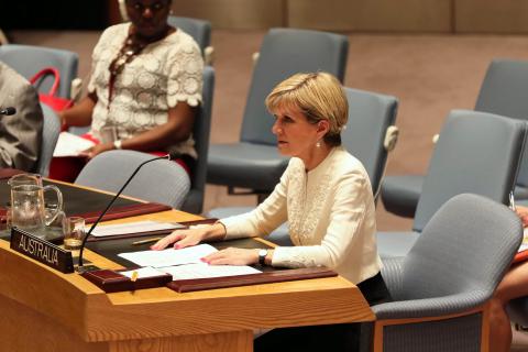 Visit to New York by Minister for Foreign Affairs Julie Bishop, 29 July 2015. Minister Julie Bishop in the UN Security Council where she delivered a statement regarding Malaysia Airline flight MH17 downed over Ukraine. photo by Trevor Collens