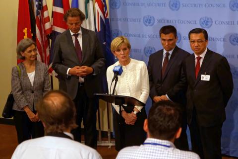 Visit to New York by Minister for Foreign Affairs Julie Bishop, 29 July 2015. Minister for Foreign Affairs Julie Bishop and representatives of Malaysia Belgium, Ukraine, and the Netherlands, members of the Joint Investigative Team (JIT) Minister's Caucus