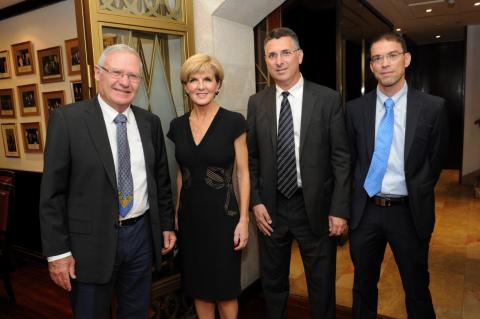 Foreign Minister Bishop with (from left) Major General (retd) Amos Yadlin, Mr Gideon Saar and Brigadier General (retd) Assaf Orion, Jerusalem.  [Photo: Jorge Novominsky]
