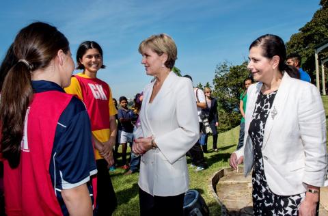 Foreign Minister Bishop and Senator Fierravanti-Wells meet some of the sporting participants at the launch of the Asia Sports Partnership Program