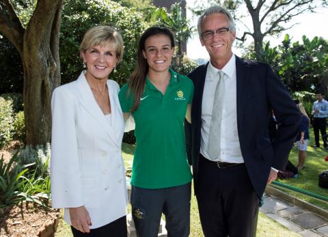Foreign Minister Julie Bishop, Football Federation CEO David Gallop and Matilda player Chloe Logarzo at the launch of the Asia Sports Partnership Program