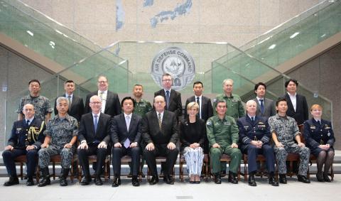 Australian delegation to the Australia-Japan 2+2 Foreign and Defence Ministers' Consultations and their Japanese counterparts in a group shot at Japan Air Self Defense Force Air Defence Command at Yokota Airforce Base today.