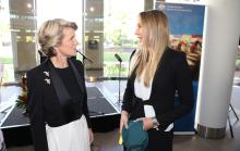 Foreign Minister Bishop with Ellyse Perry as she presents an autographed Australian Women's Cricket shirt at the Welcome Reception for the Ambassador for Women & Girls, Natasha Stott Despoja. 3 March 2014.