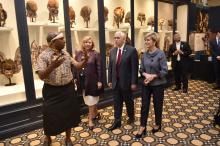Dr Michael Mel, Manager, West Pacific Collection, Australian Museum, introduces the ‘Pacific Spirit Gallery’ to Kim McKay AO, US Vice President Mike Pence and Foreign Minister Julie Bishop, 22 April 2017. Photo credit: DFAT/ David Foote, Auspic
