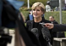 Australian Foreign Minister Julie Bishop speaks to the media during a press conference at UN Headquarters in New York, Monday, September 28, 2015. photo by Trevor Collens/DFAT