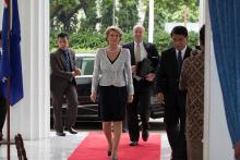 Foreign Minister Julie Bishop arrives at the Foreign Affairs Ministry with Ambassador Greg Moriarty behind. 5 December 2013