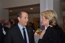 Foreign Minister Julie Bishop speaks with Jeffrey Bleich, former US Ambassador to Australia at the Australian Embassy is Washington DC to open the Alliance 21 Conference 2014.