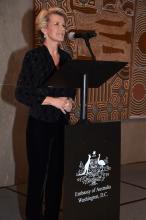 Foreign Minister Julie Bishop welcomes guests to the Australian Embassy in Washington DC to open the Alliance 21 Conference 2014.