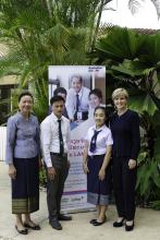 Foreign Minister Julie Bishop and Mme Sengdeuan Lachanthabon, Lao Minister of Education and Sport, with two high performing graduates of the Laos-Australia National Scholarship program (LANS) in Vientiane, Laos. 27 July 2016. Photo credit: DFAT/Bart Verwe