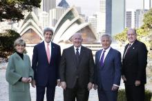 Minister for Foreign Affairs, Julie Bishop, United States Secretary of State, John Kerry, Governor General of Australia, Sir Peter Cosgrove, United States Secretary of Defense, Chuck Hagel and Minister for Defence, David Johnston ahead of the signing of t