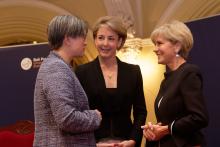 Foreign Minister Julie Bishop with Employment Minister Michaela Cash and Opposition Foreign Affairs spokeswoman Penny Wong at the Bali Process Government and Business Forum in Perth, 25 August 2017.
